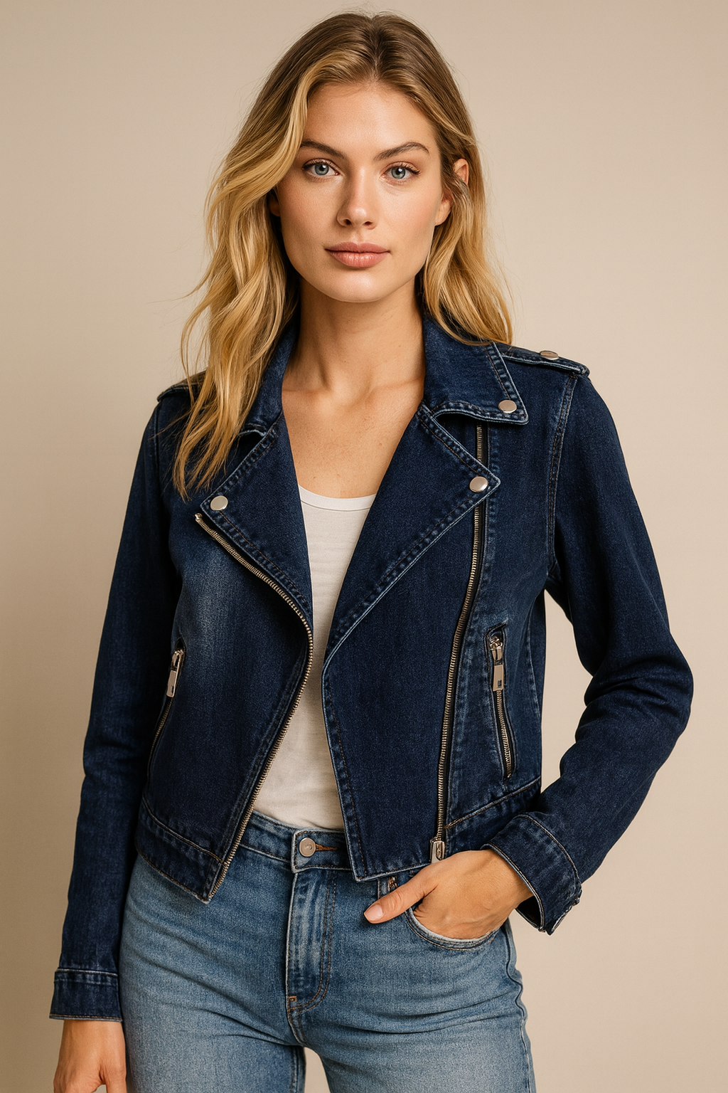 Dames Biker Jas Slim Fit Denim Met Stoere Details - Mode Vibes
