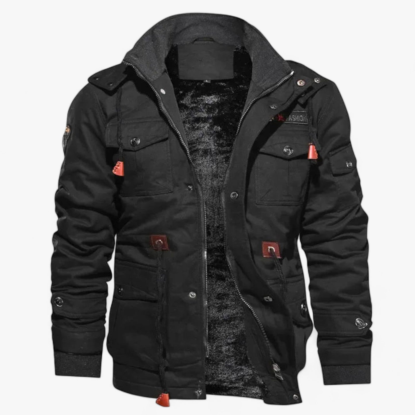 Afbeelding van het Bamox bomberjack in zwart. Het jack heeft een stoere uitstraling met meerdere zakken, knopen en ritssluitingen. De opvallende oranje accenten op de ritstrekkers en knopen geven het een trendy look. De binnenkant is gevoerd met zacht en warm materiaal, ideaal voor koude dagen. De hoge kraag en verstelbare manchetten bieden extra bescherming tegen wind en kou.