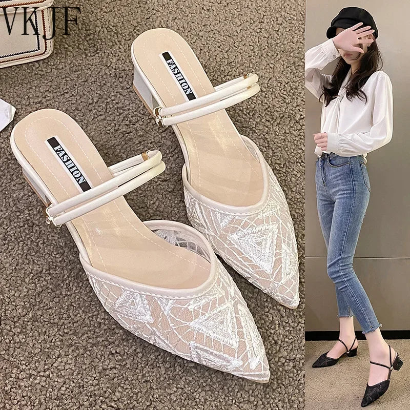 Baotou Sandalen für Damen, Sommer, dicke Absätze, 2024 neue mittlere Absätze für Damen, Sandalen im Feenstil für Damen