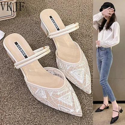 Baotou Sandalen für Damen, Sommer, dicke Absätze, 2024 neue mittlere Absätze für Damen, Sandalen im Feenstil für Damen