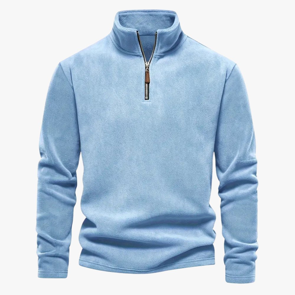 Lichtblauwe Bastian trui met halve ritssluiting en opstaande kraag, ideaal voor een stijlvolle en casual look. Comfortabel en veelzijdig voor elke gelegenheid.