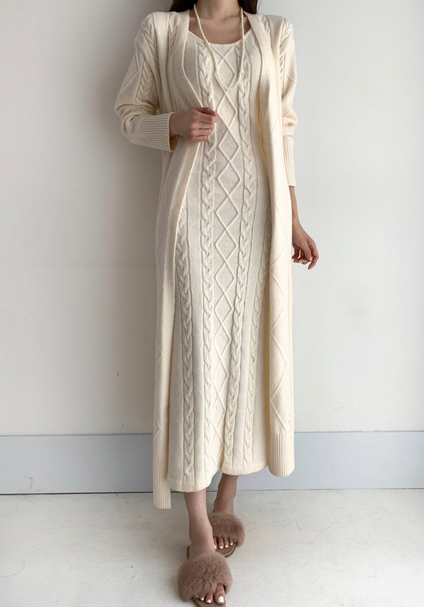 Warme Gebreide Winterjurk met Vest 2-Delige Set