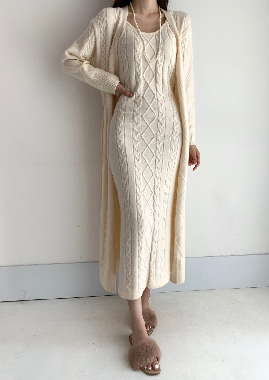 Warme Gebreide Winterjurk met Vest 2-Delige Set