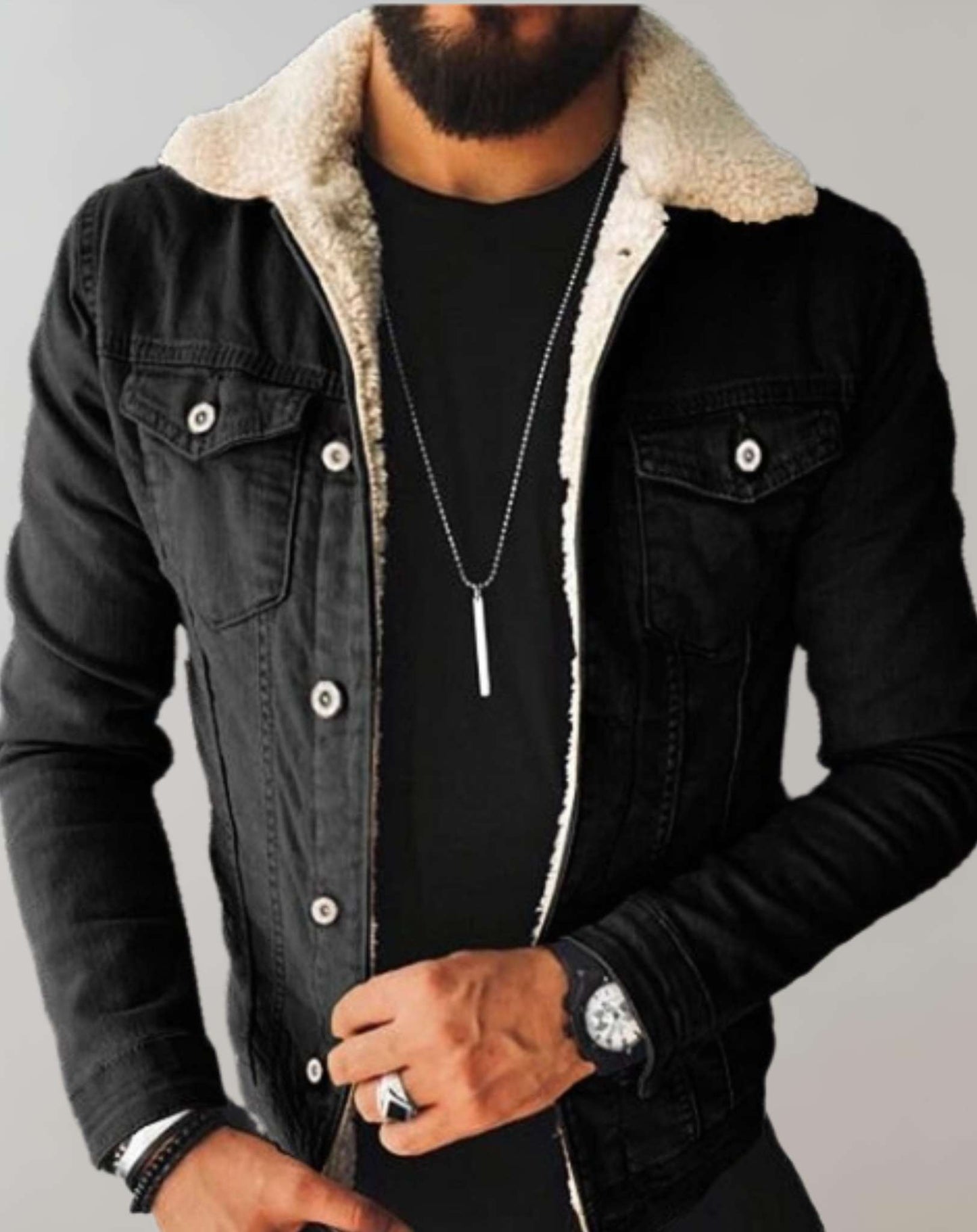 Denim Jas met Fleece Kraag voor Heren – Meerdere Zakken