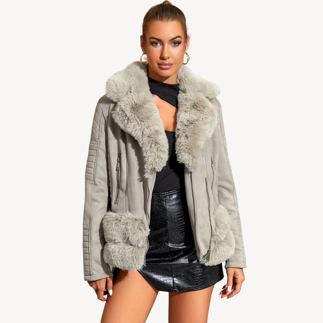 BerlinGlamour | Dames Bikerjack met imitatiebont en schapenvacht, bruin 1
