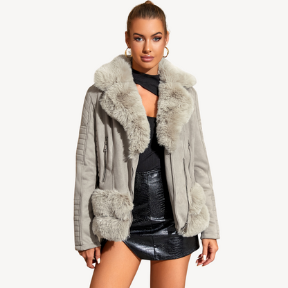 BerlinGlamour | Dames Bikerjack met imitatiebont en schapenvacht, bruin 1