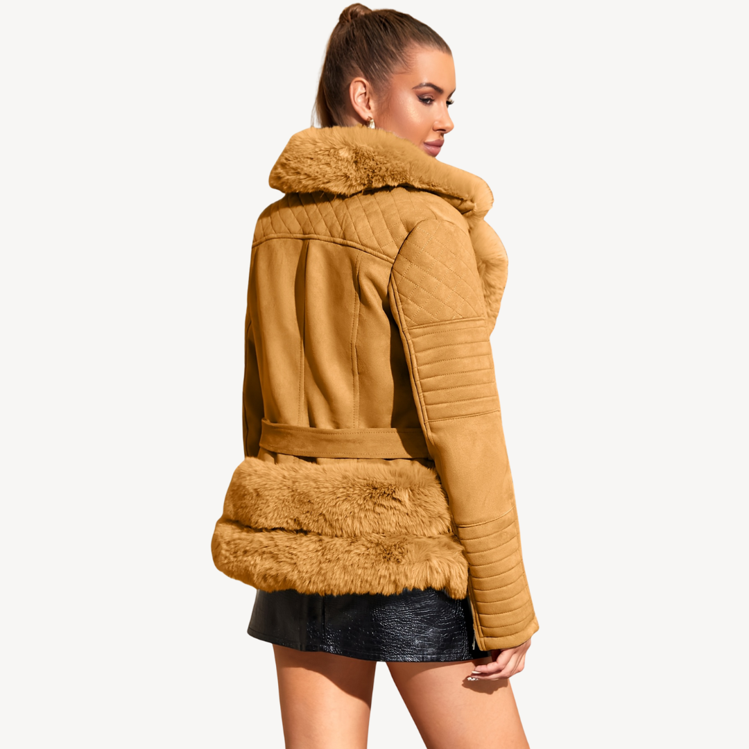BerlinGlamour | Dames Bikerjack met imitatiebont en schapenvacht, bruin 2