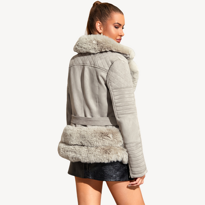 BerlinGlamour | Dames Bikerjack met imitatiebont en schapenvacht, bruin 3