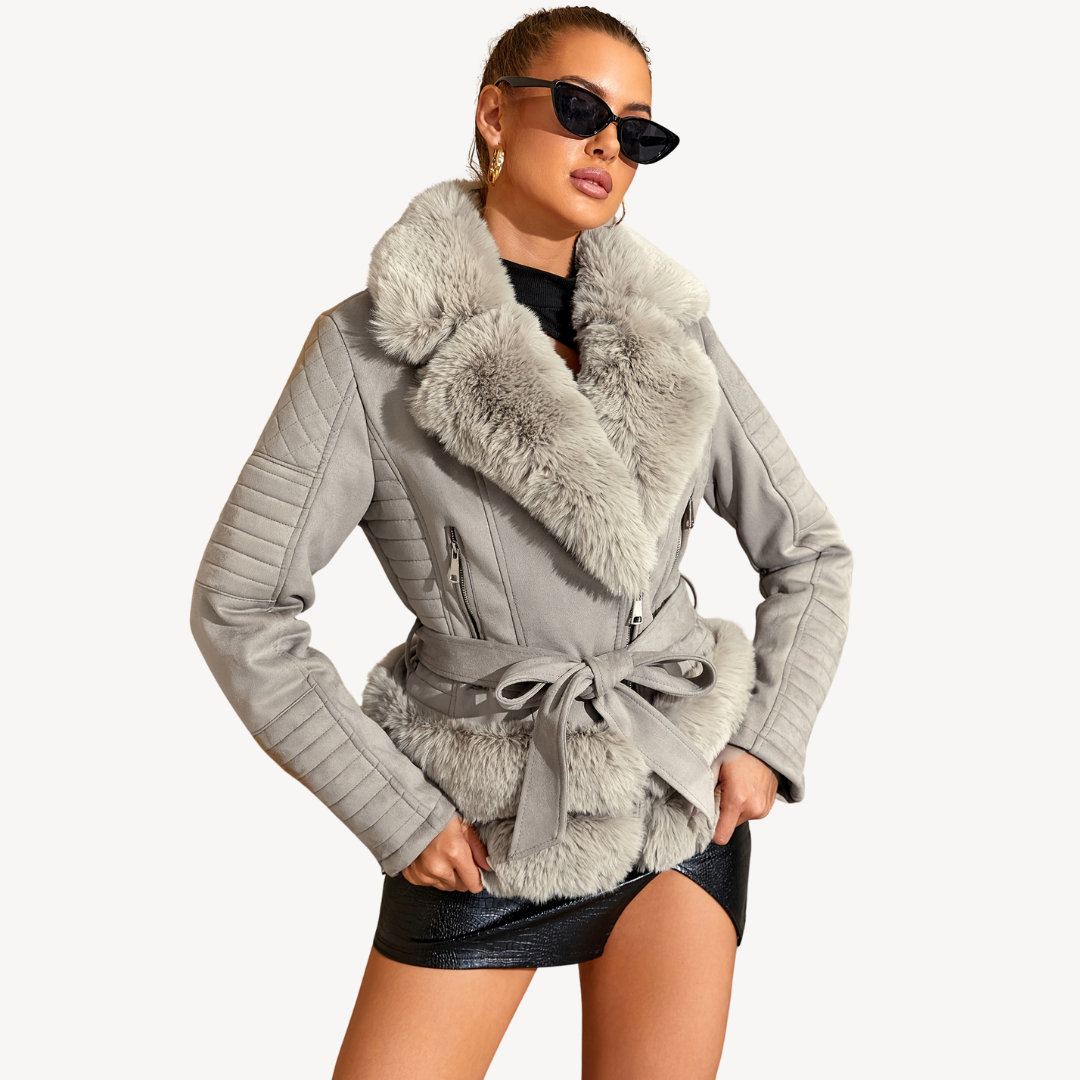 BerlinGlamour | Dames Bikerjack met imitatiebont en schapenvacht, bruin 4