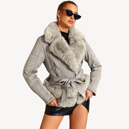 BerlinGlamour | Dames Bikerjack met imitatiebont en schapenvacht, bruin 4