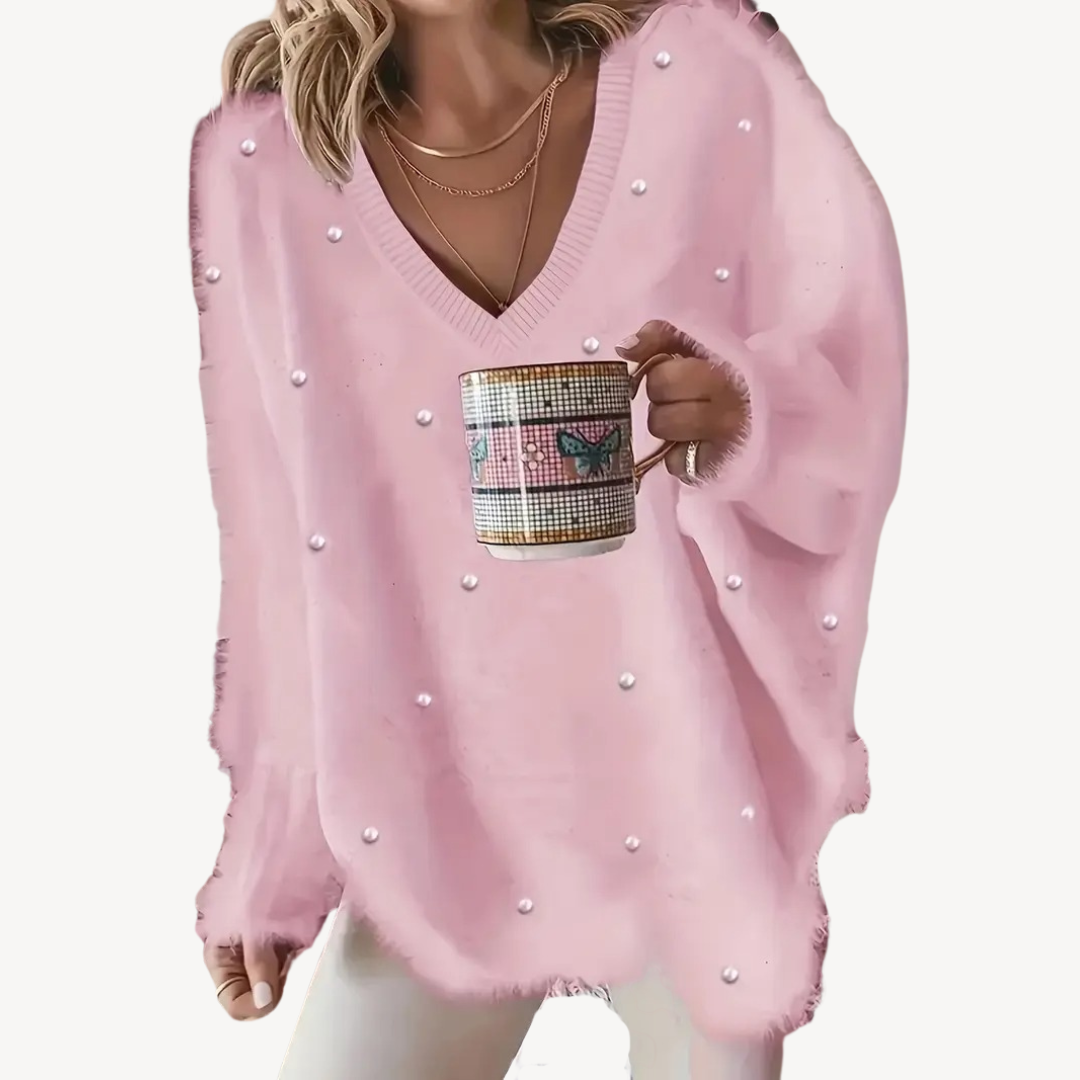 BerlinGlamour | Dames V-hals trui met pareldetail 8