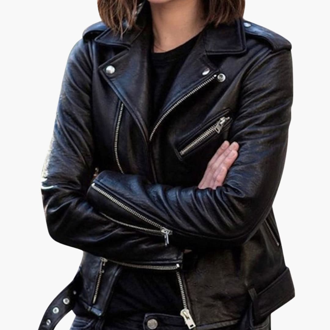BerlinGlamour | Dames bikerjack met reverskraag en ritszakken 1