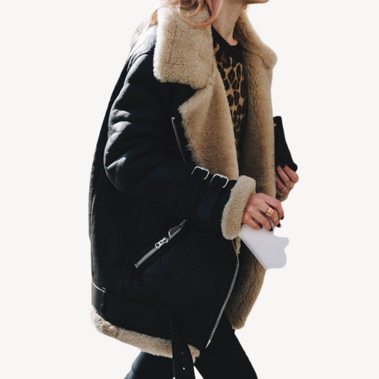 BerlinGlamour | Dames bikerjack met schapenvachtvoering 0