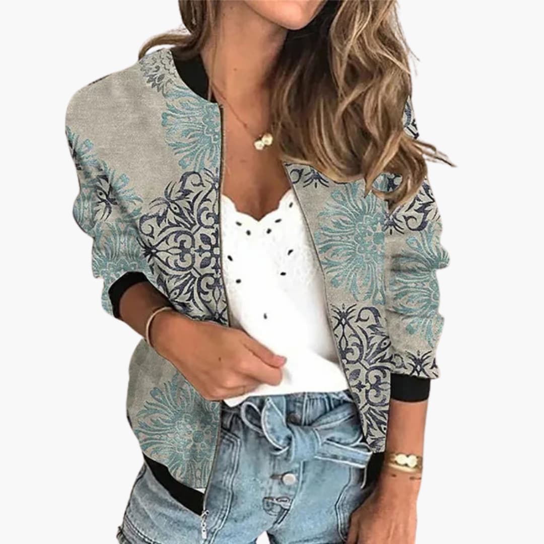 BerlinGlamour | Dames bomberjack met rits aan de voorkant en bedrukt oppervlak 2