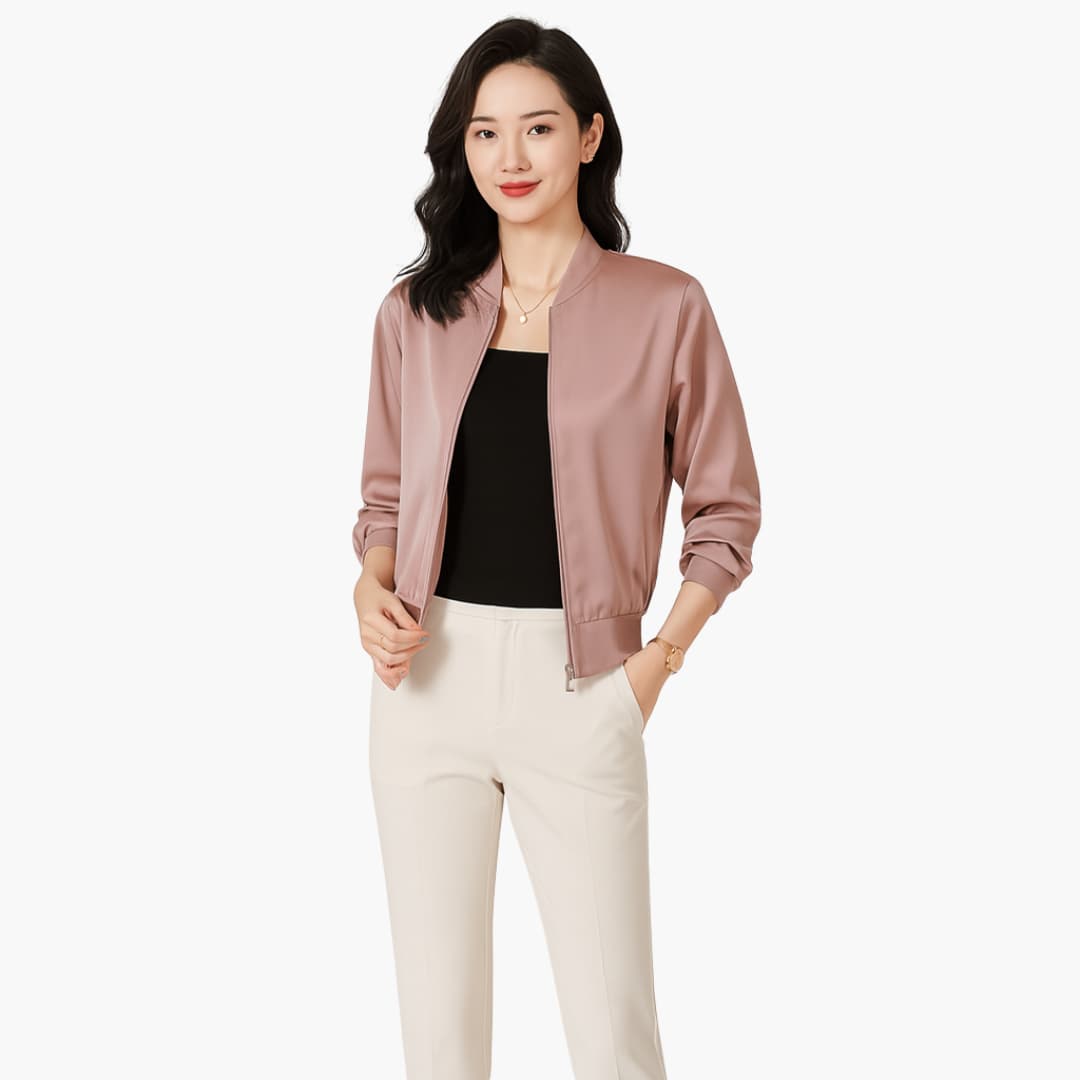 BerlinGlamour | Dames bomberjack met rits en geribbelde zoom 0