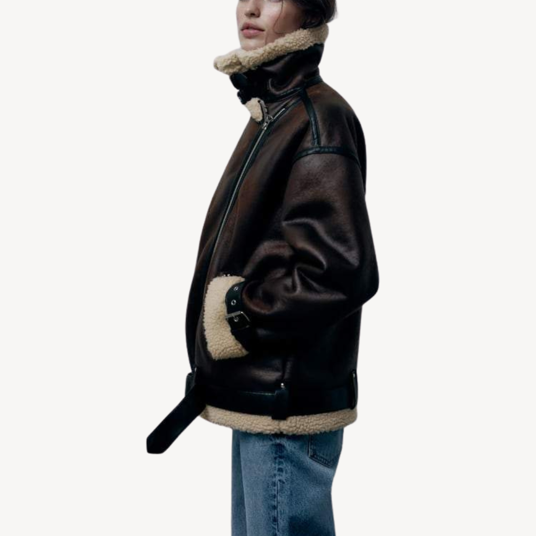 BerlinGlamour | Dames bomberjack van imitatielamsvacht in bruin 4