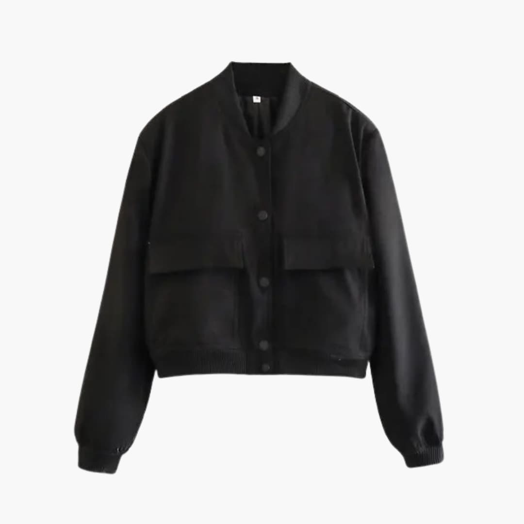 BerlinGlamour | Dames cropped jasje met drukknopen en klepzakken 6