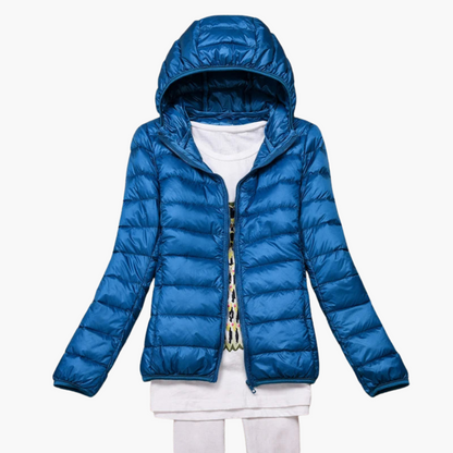 BerlinGlamour | Dames donsjack met capuchon en elastische manchetten 8