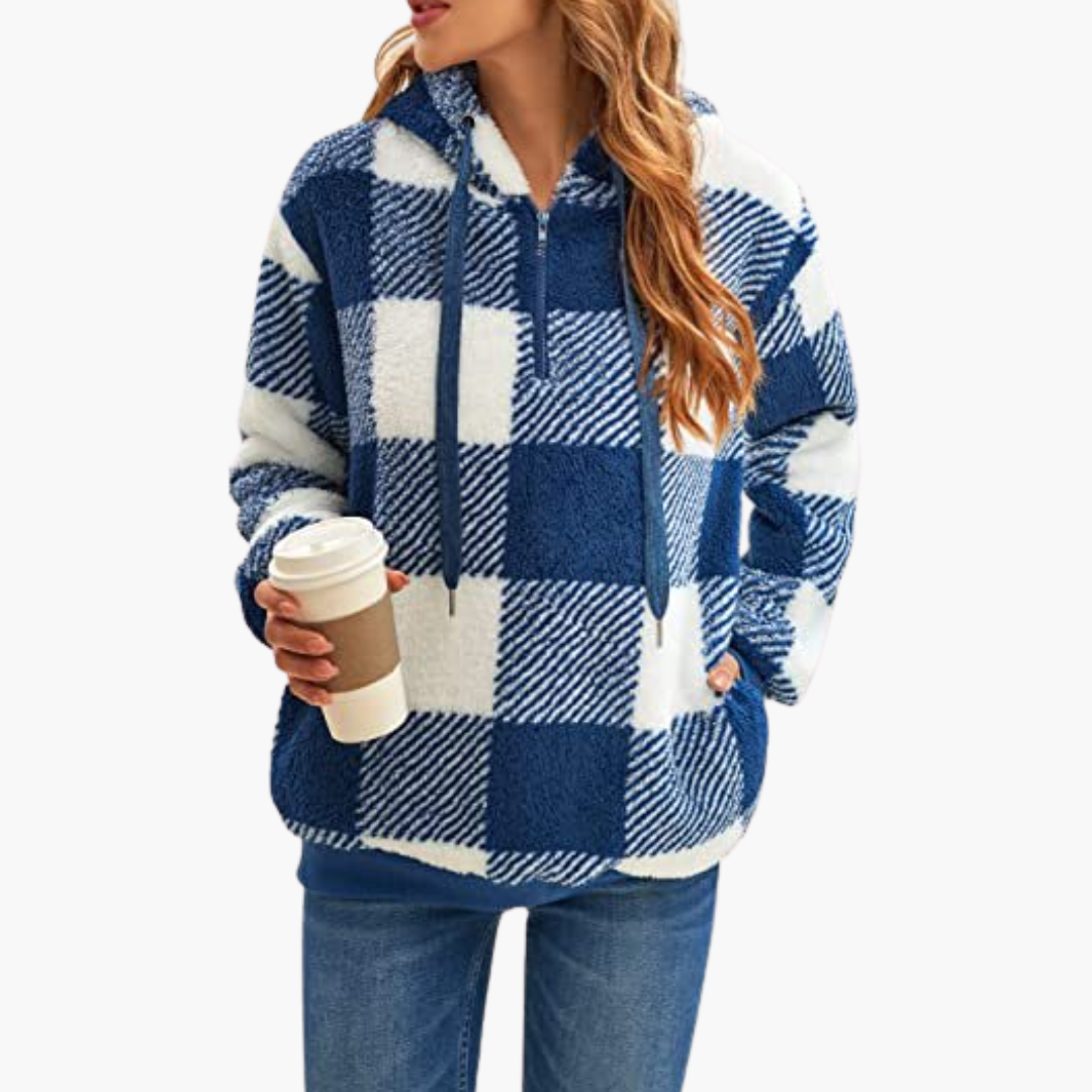 BerlinGlamour | Dames hoodie met capuchon, halve rits en ruitjesmotief 2