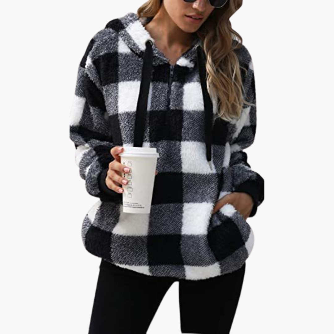 BerlinGlamour | Dames hoodie met capuchon, halve rits en ruitjesmotief 4