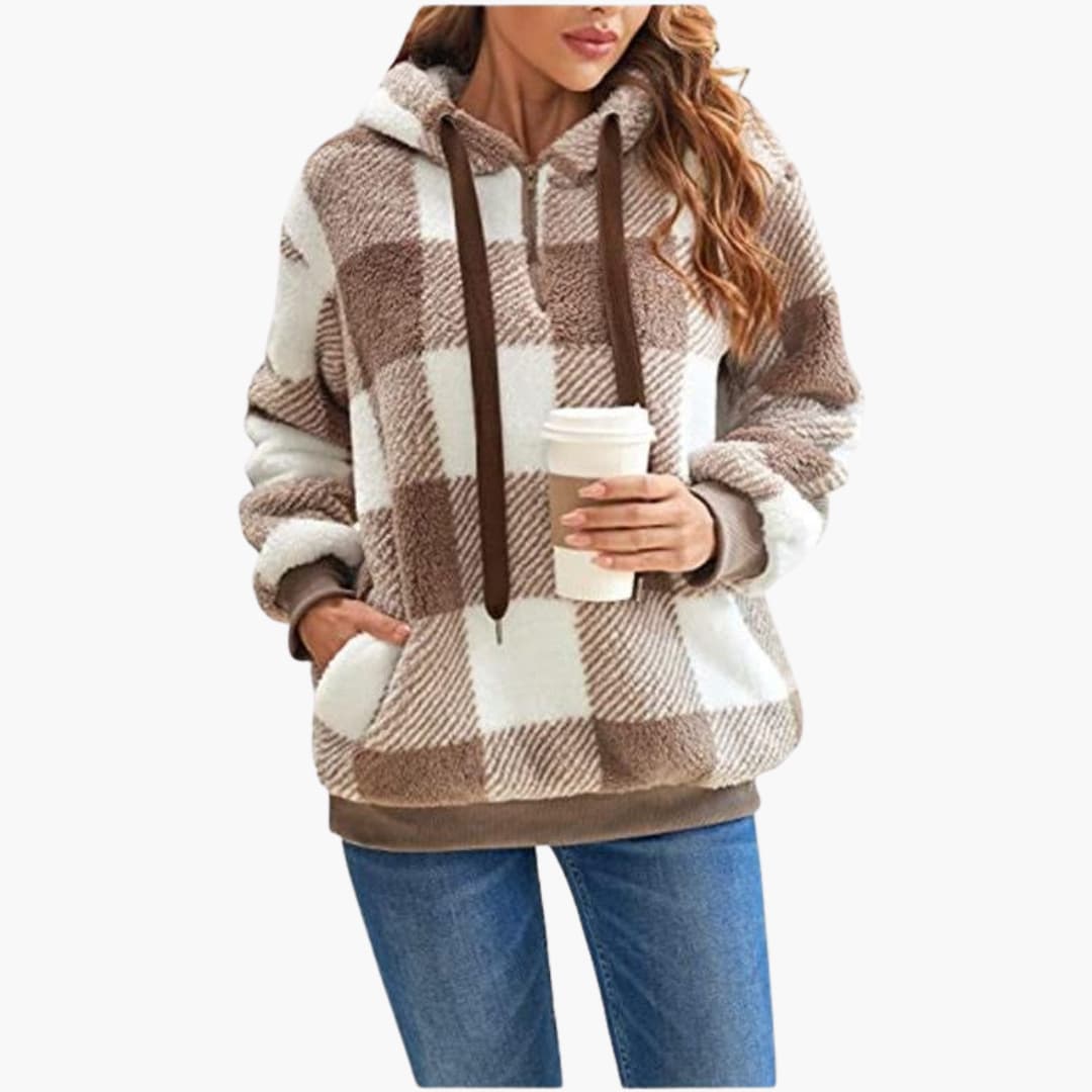 BerlinGlamour | Dames hoodie met halve rits en ruitjesmotief 0