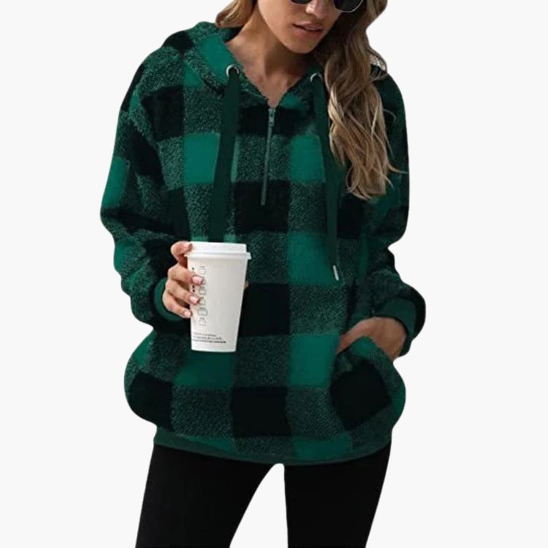 BerlinGlamour | Dames hoodie met halve rits en ruitjesmotief 3