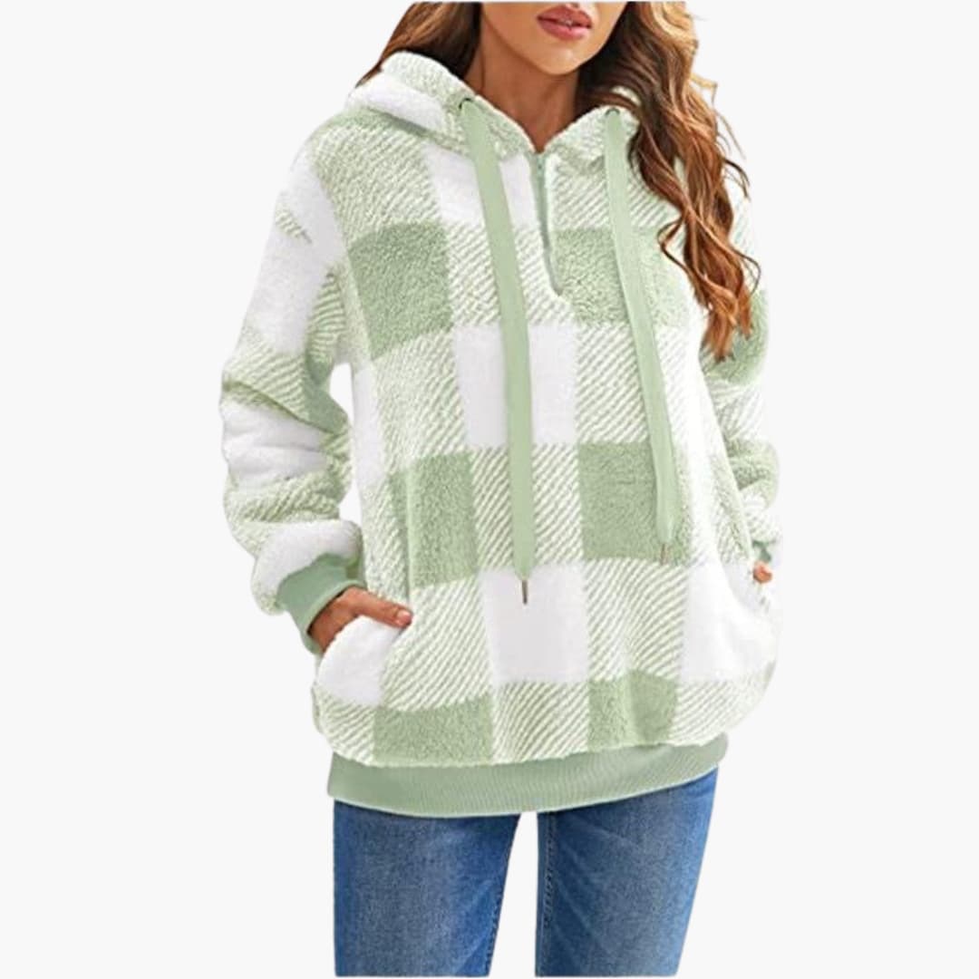 BerlinGlamour | Dames hoodie met halve rits en ruitjesmotief 5