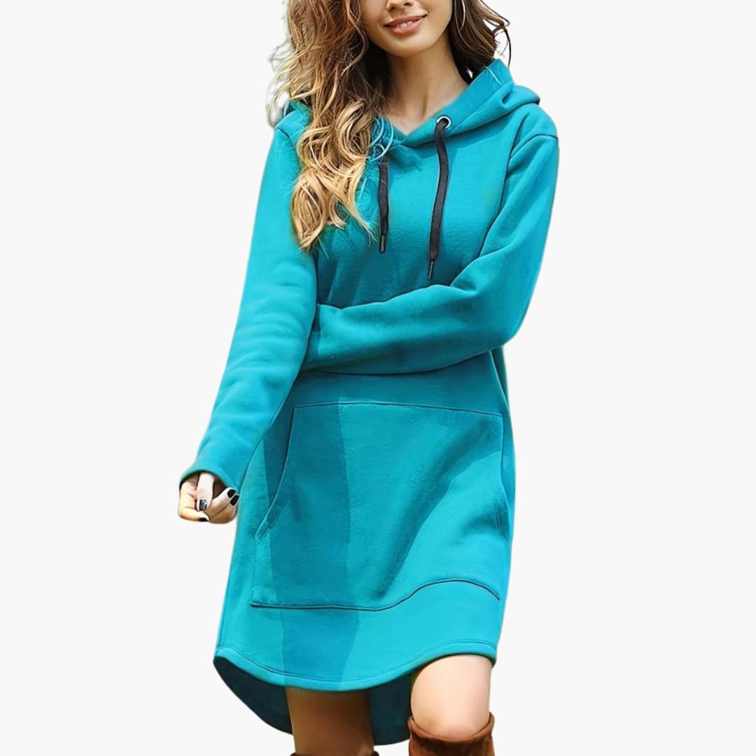 BerlinGlamour | Dames hoodiejurk met trekkoordcapuchon en voorzak 4