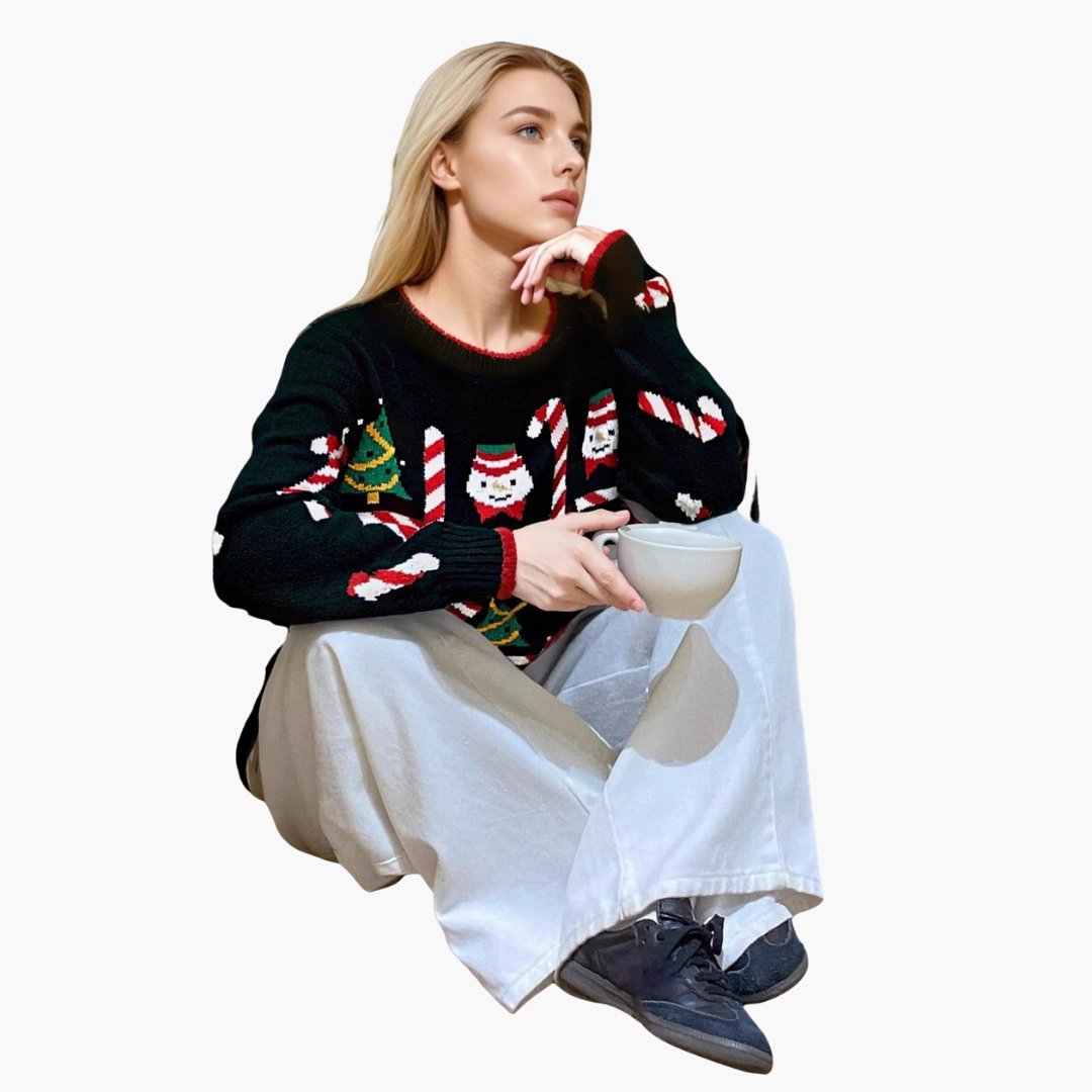 BerlinGlamour | Dames kersttrui met boom- en sneeuwvlokmotief 0