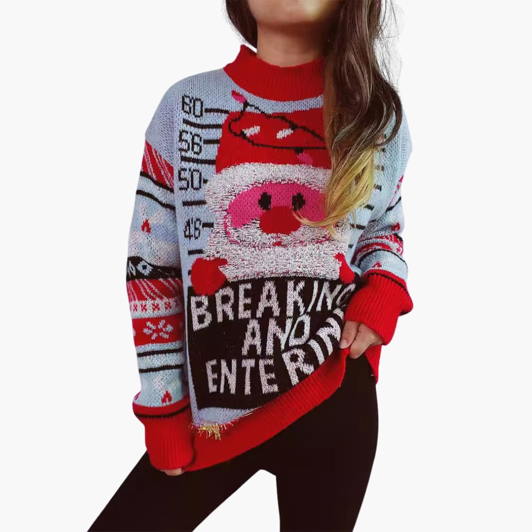 BerlinGlamour | Dames kersttrui met kerstmanmotief en opvallende letters 0