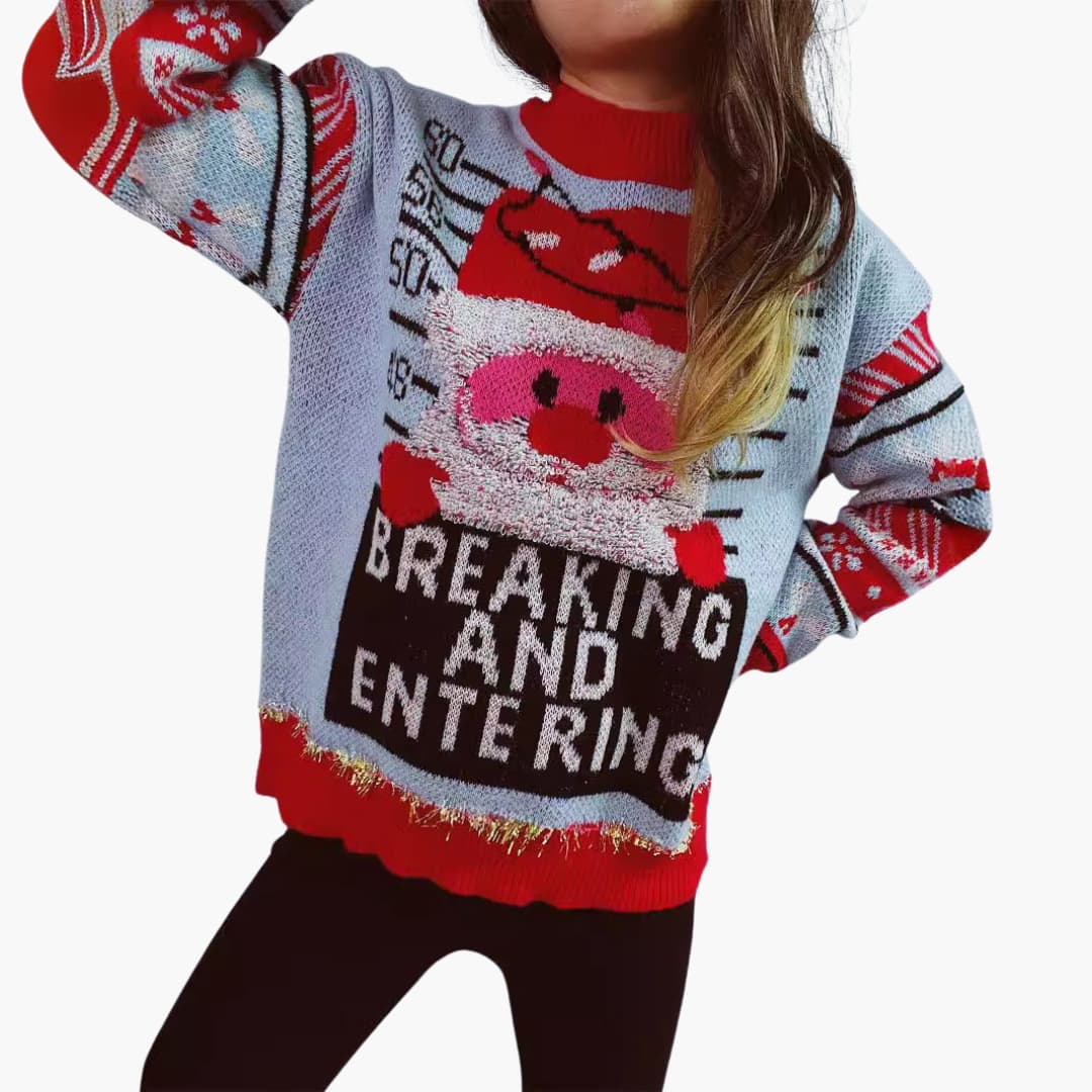 BerlinGlamour | Dames kersttrui met kerstmanmotief en opvallende letters 2