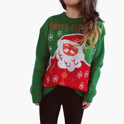 BerlinGlamour | Dames kersttrui met kerstmanpatroon en geribbelde zoom 1