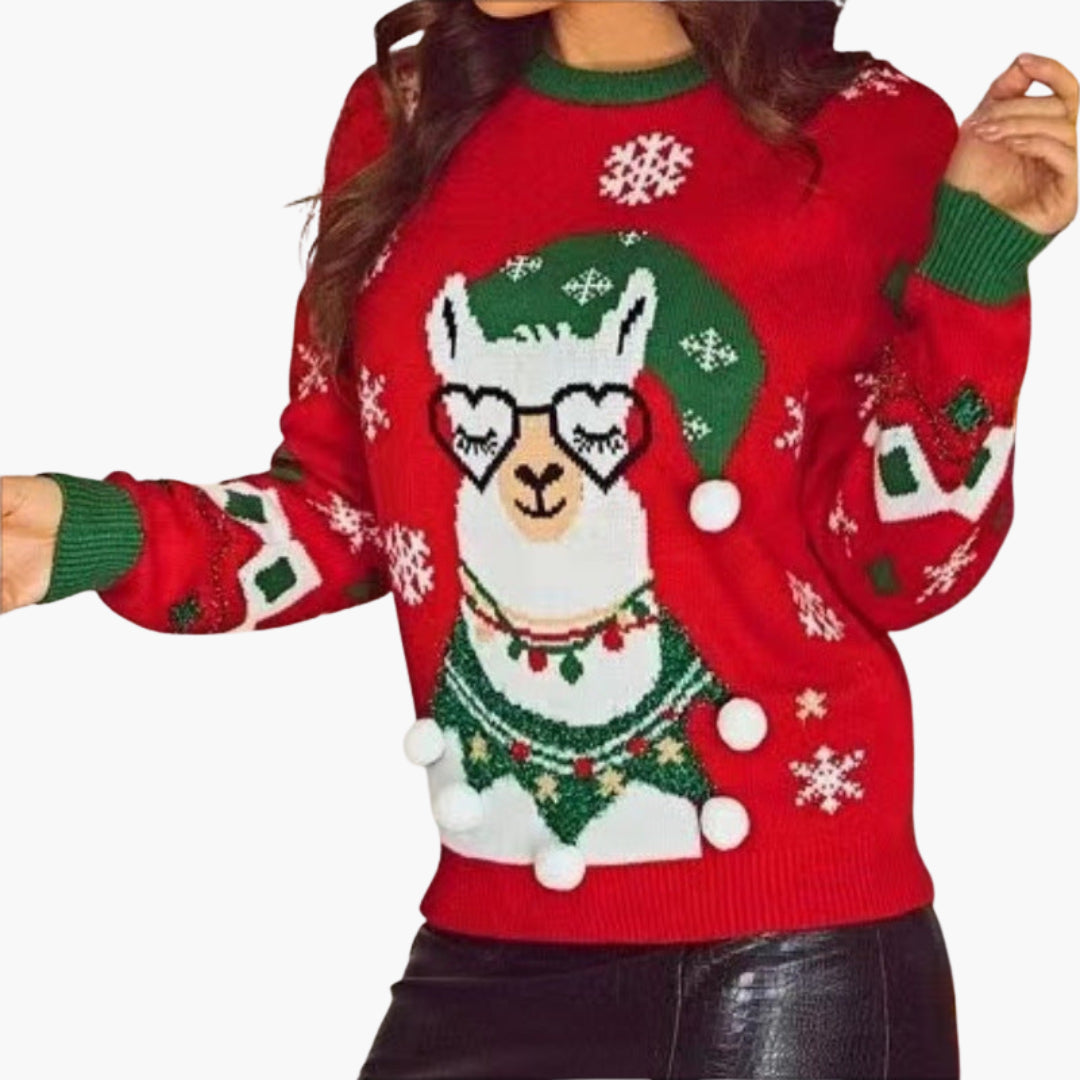 BerlinGlamour | Dames kersttrui met lamamotief en decoratieve pompons 1