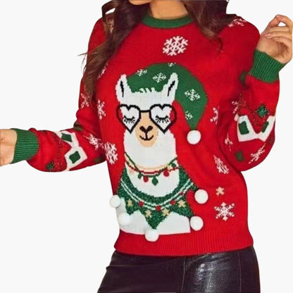 BerlinGlamour | Dames kersttrui met lamamotief en decoratieve pompons 1