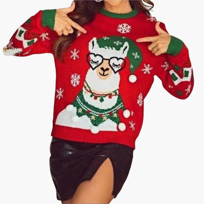 BerlinGlamour | Dames kersttrui met lamamotief en decoratieve pompons 2