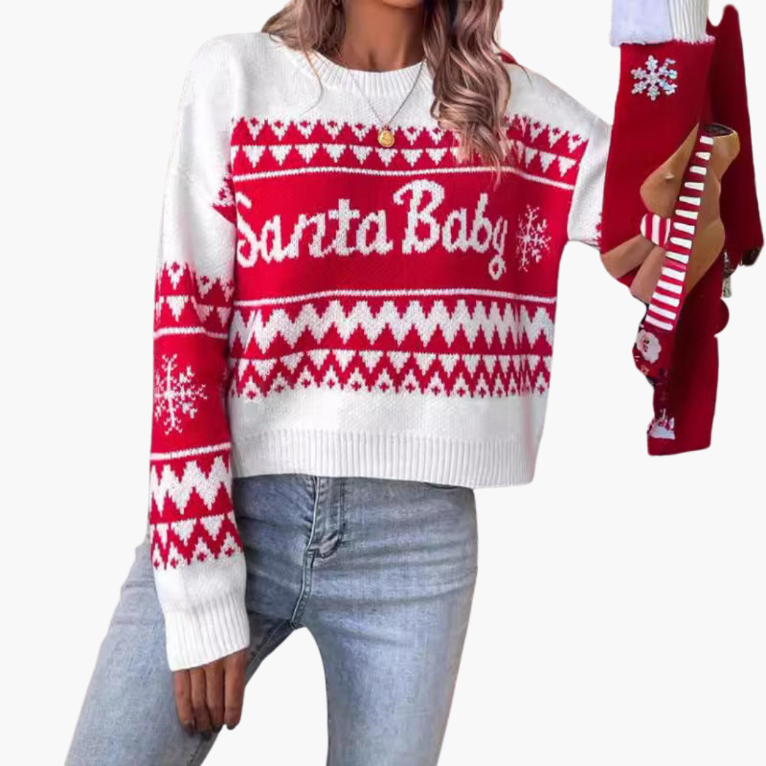 BerlinGlamour | Dames kersttrui met lettermotief en geribbelde zoom 1