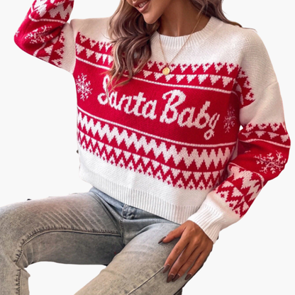 BerlinGlamour | Dames kersttrui met lettermotief en geribbelde zoom 2