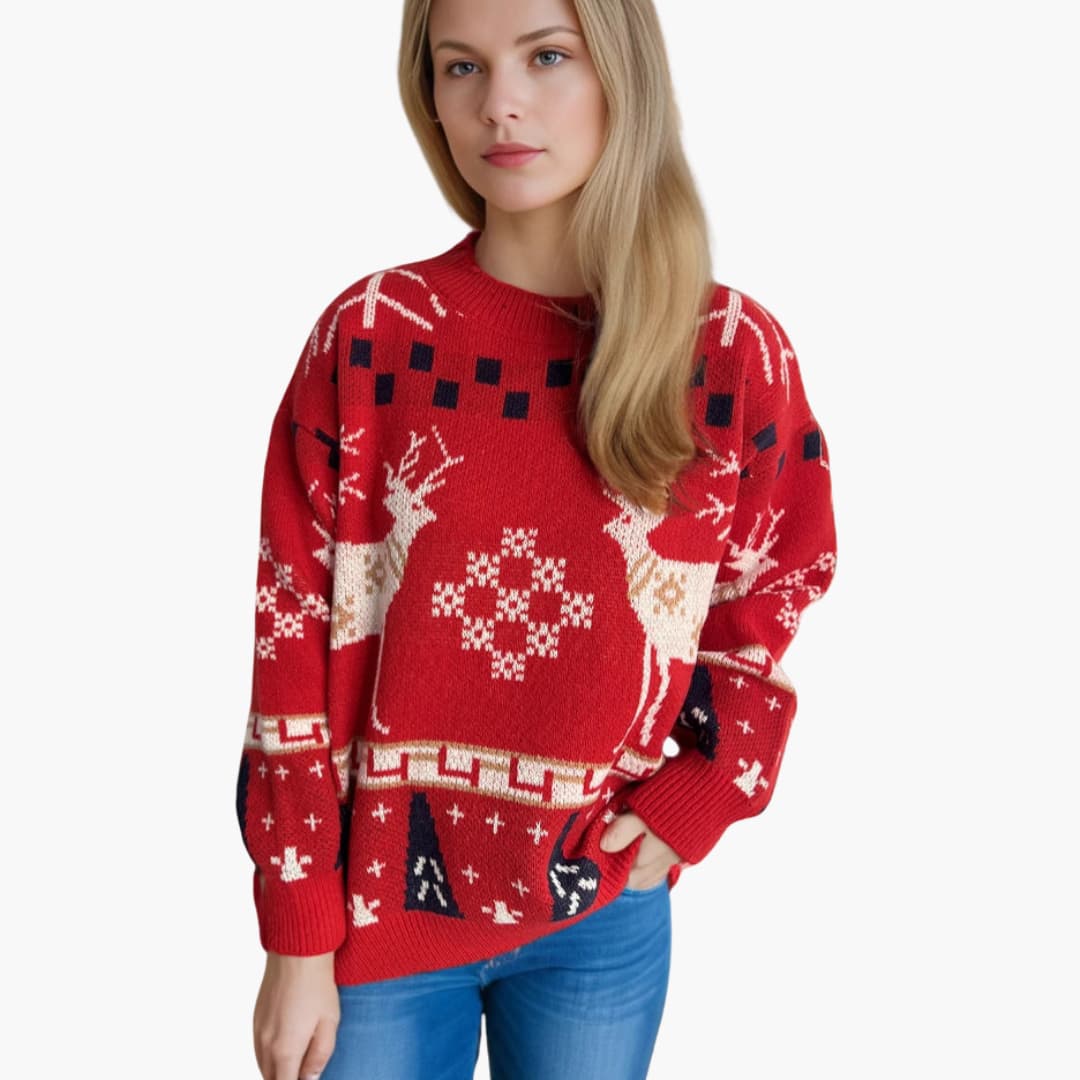 BerlinGlamour | Dames kersttrui met rendier- en boompatroon 2