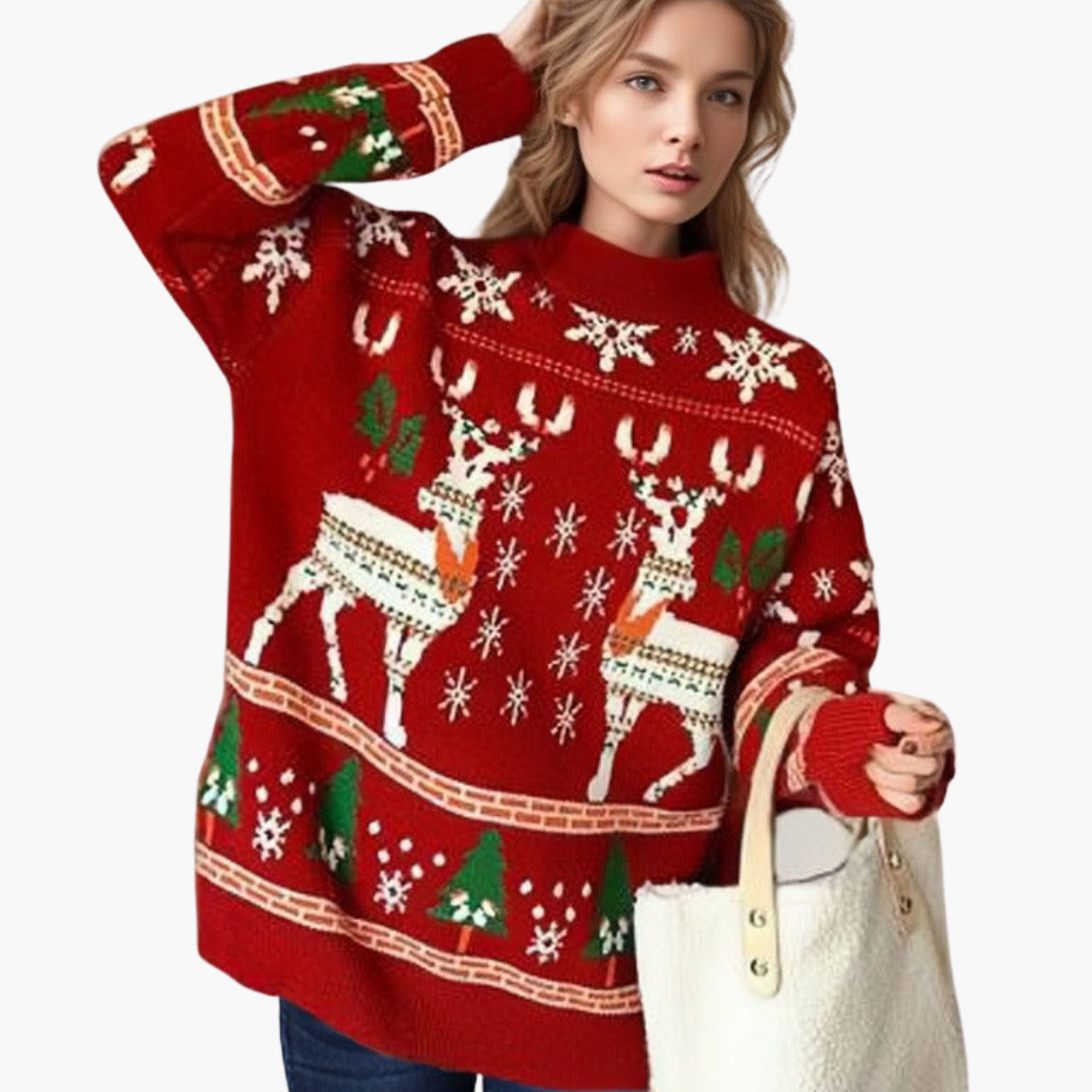 BerlinGlamour | Dames kersttrui met rendier- en sneeuwvlokmotief 0