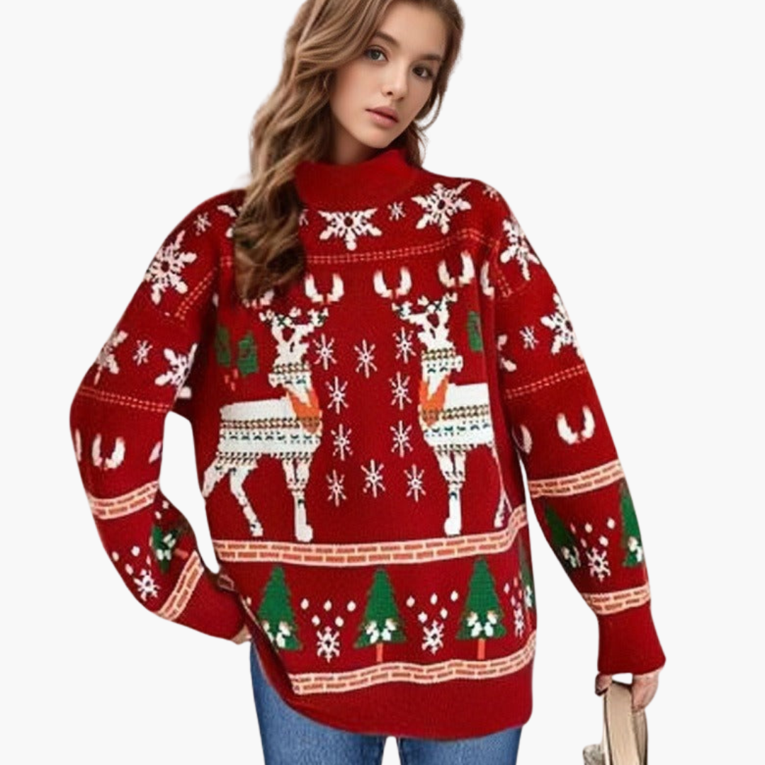 BerlinGlamour | Dames kersttrui met rendier- en sneeuwvlokmotief 1