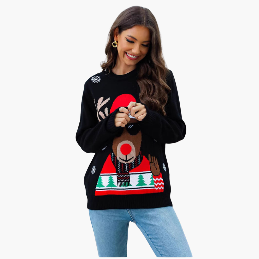 BerlinGlamour | Dames kersttrui met rendiermotief en geribbelde zoom 1