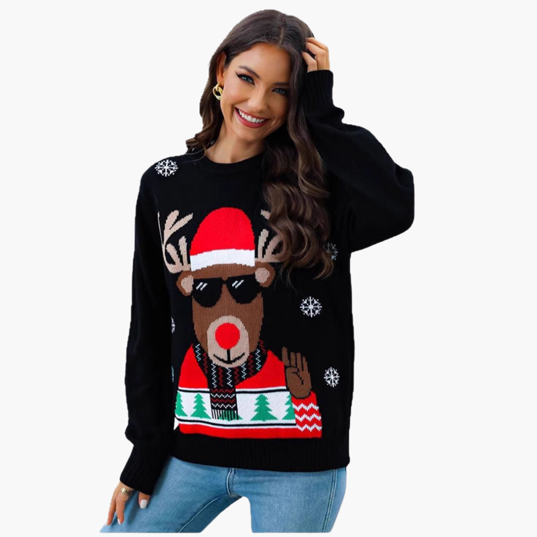 BerlinGlamour | Dames kersttrui met rendiermotief en geribbelde zoom 2