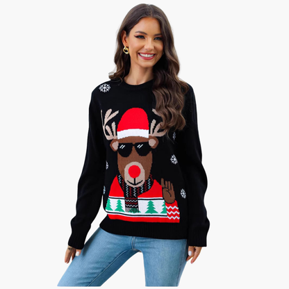 BerlinGlamour | Dames kersttrui met rendiermotief en geribbelde zoom 3