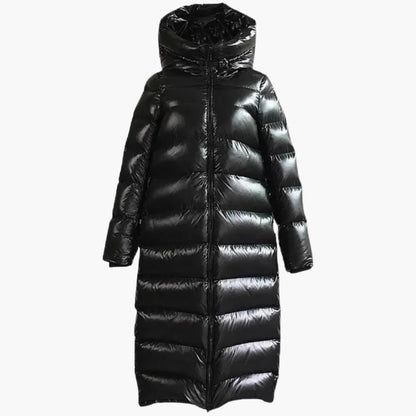 BerlinGlamour | Dames lange donsjas met rits en capuchon 0