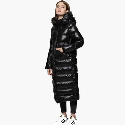 BerlinGlamour | Dames lange donsjas met rits en capuchon 1