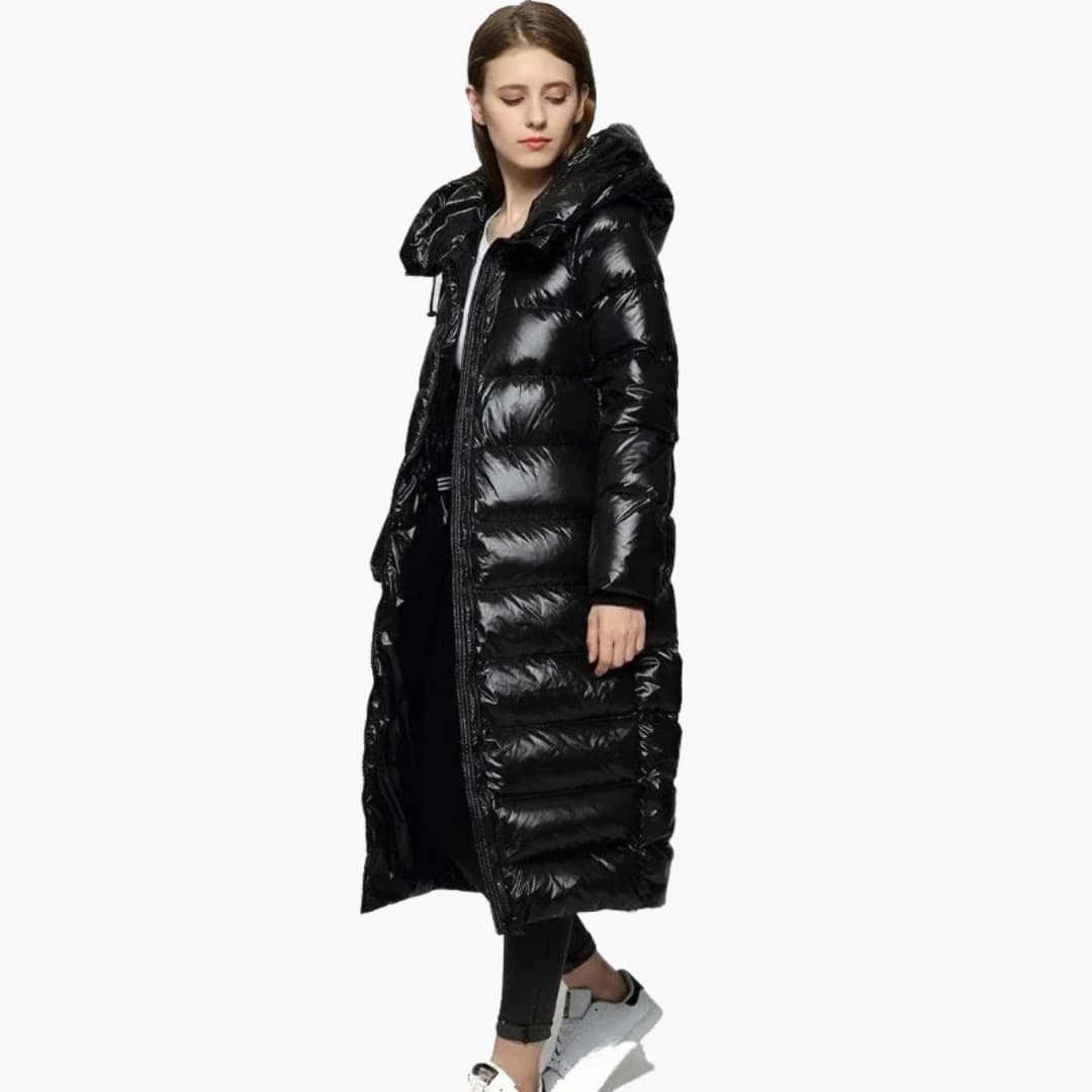 BerlinGlamour | Dames lange donsjas met rits en capuchon 2