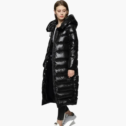 BerlinGlamour | Dames lange donsjas met rits en capuchon 2