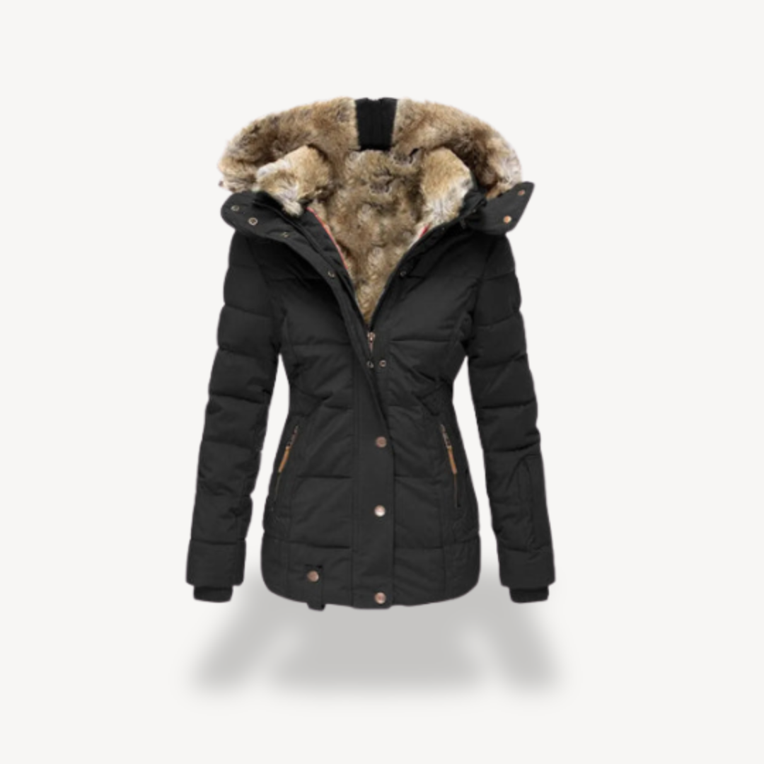 BerlinGlamour | Dames pufferjack met capuchon van imitatiebont 0