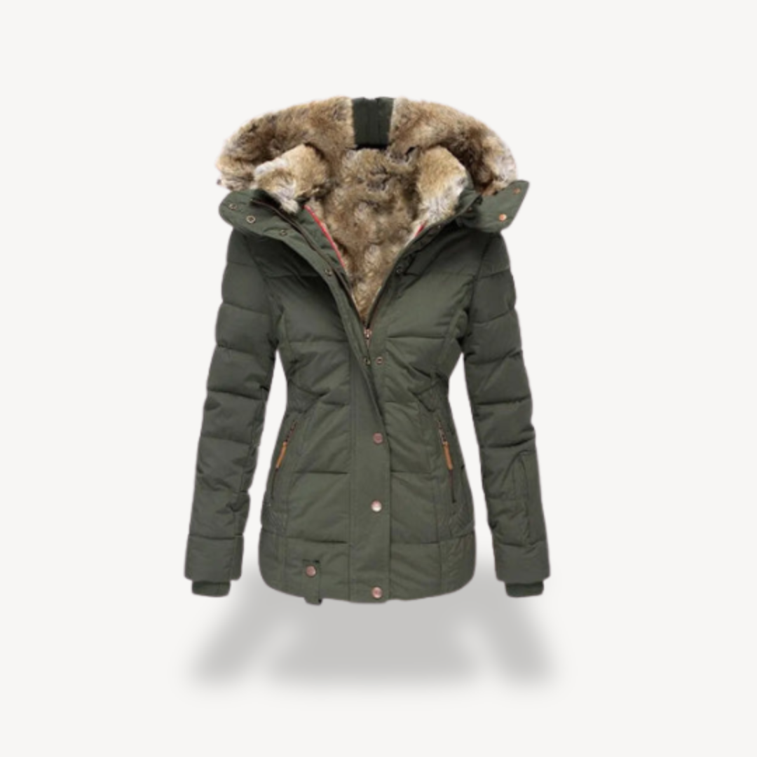 BerlinGlamour | Dames pufferjack met capuchon van imitatiebont 1