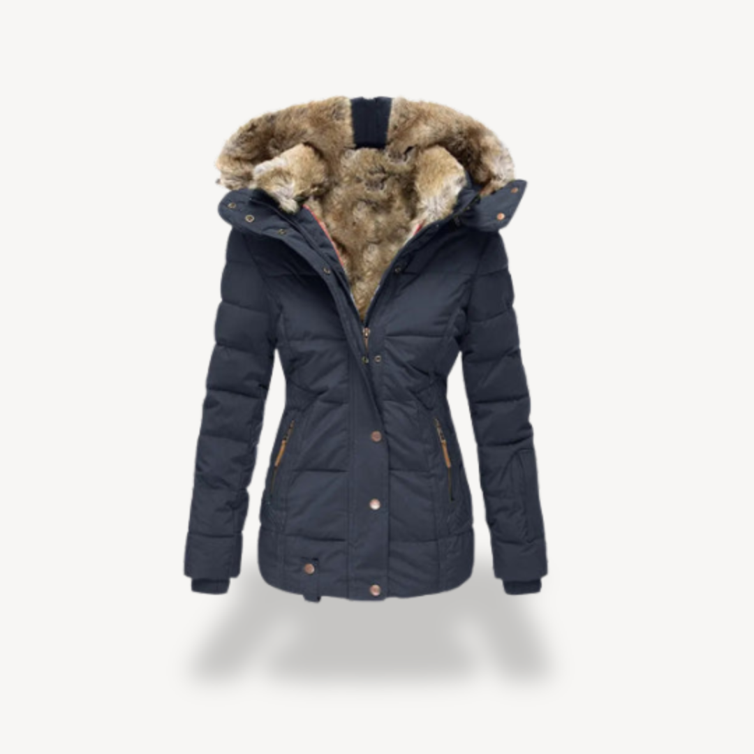 BerlinGlamour | Dames pufferjack met capuchon van imitatiebont 3